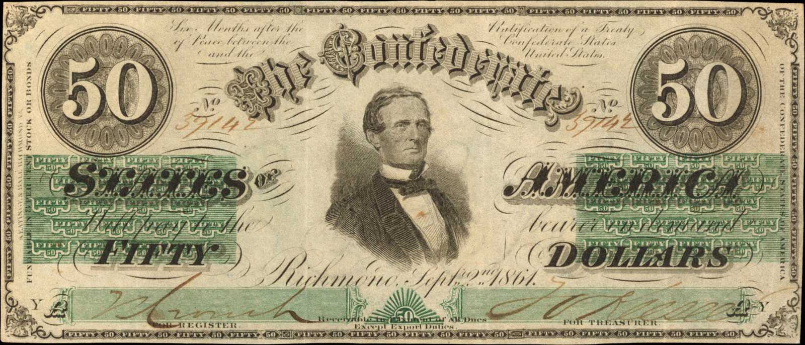 T-16. Confederate Currency. 1861 $50. Choice Very Fine.