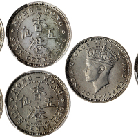香港镍造5仙3枚一组，包括1938, 1939-H及1939-KN, 均评PCGS MS63