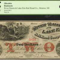Monroe, Michigan. River Raisin & Lake Erie Rail Road Company. $2 & $3. PCGS Choice About New 58 & PC