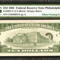 Fr. 2027-C. 1985 $10 Federal Reserve Note. Philadelphia. PMG Choice About Uncirculated 58 EPQ. Offse