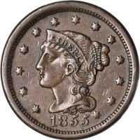 1855 Braided Hair Cent. N-9. Rarity-1. Slanting 5s, Knob on Ear. AU-53 (PCGS).