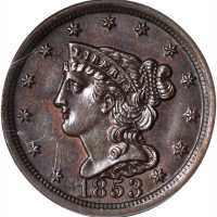 1853 Braided Hair Half Cent. C-1, the only known dies. Rarity-1. Genuine--Cleaned (PCGS).
