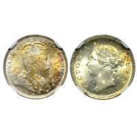 1901年香港五仙银币，KM 5，NGC MS64; 1905年香港五仙银币，KM 12，NGC MS63。共2枚