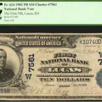 Lucas, Kansas. $10 1902 Plain Back. Fr. 624. The First NB. Charter #7561. PCGS Fine 15.