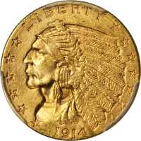 1914-D Indian Quarter Eagle. MS-64 (PCGS).