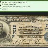 Reno, Nevada. $10 1902 Plain Back. Fr. 624. The Farmers & Merchants NB. Charter #7038. PCGS Fine 15.