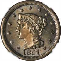 1851/81 Braided Hair Cent. N-3. Rarity-1. 51 Over Inverted 18. MS-66 BN (NGC).