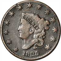 1825 Matron Head Cent. N-2. Rarity-2. Fine-12 Environmental Damage.