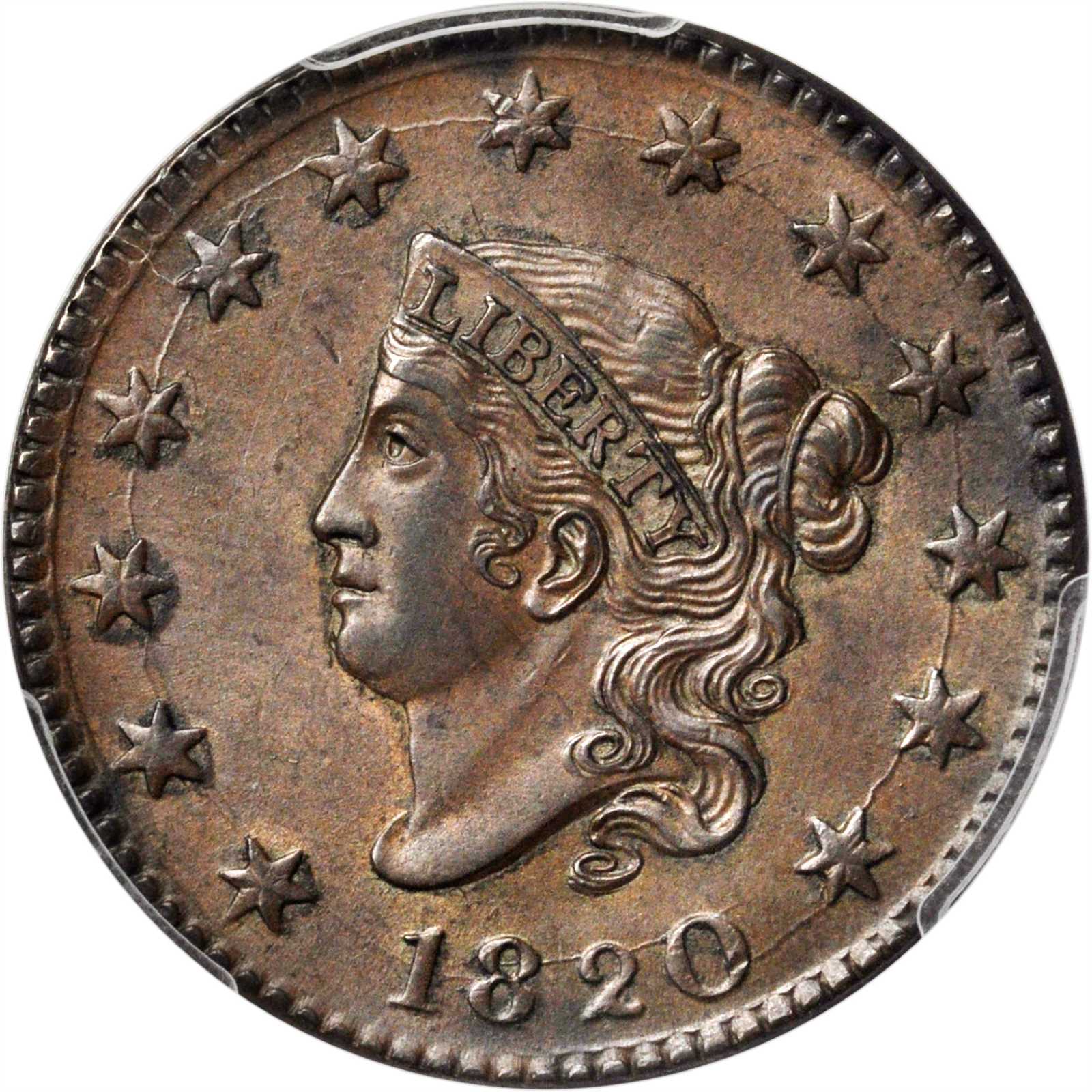 1820 Matron Head Cent. N-13. Rarity-1. Large Date. MS-62 BN (PCGS).