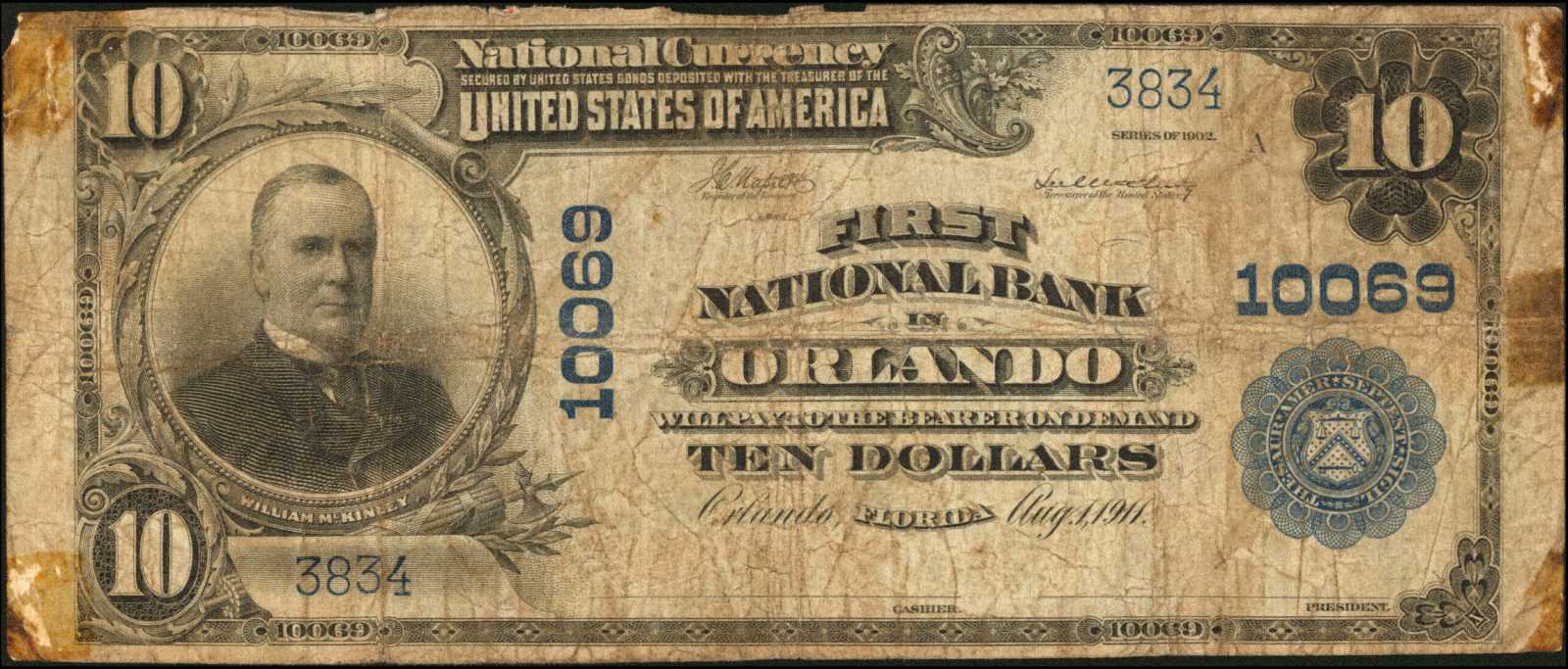 Orlando, Florida. $10 1902 Plain Back. Fr. 628. The First NB. Charter #10069.2. Very Good.