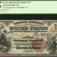 Pittsburgh, Pennsylvania. $20 1882 Brown Back. Fr. 494. The German NB. Charter #757. PCGS Very Fine 