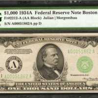 Fr. 2212-A. 1934A $1000 Federal Reserve Note. Boston. PMG Choice Uncirculated 64 EPQ.