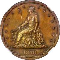 1870 Pattern Dollar. Judd-999, Pollock-1130. Rarity-7-. Copper. Plain Edge. Proof-65 BN (NGC).