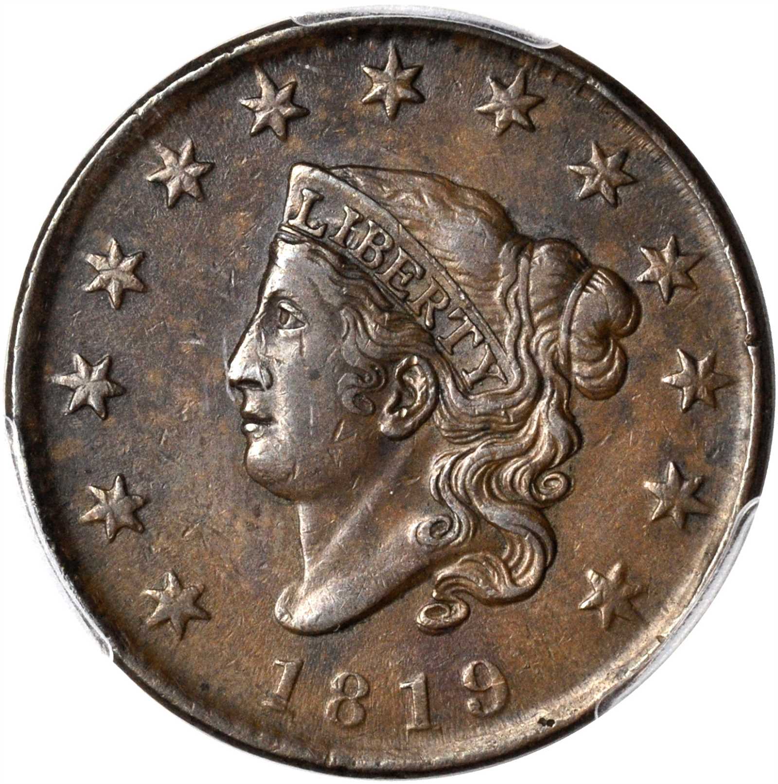 1819 Matron Head Cent. N-9. Rarity-1. Small Date. AU-50 (PCGS).