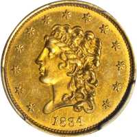 1834 Classic Head Quarter Eagle. McCloskey-1. Small Head, Large Arrowheads. MS-62 (PCGS). Gold Shiel