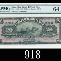 1899年哥斯达黎加银行20披索库存票1899 El Banco De Costa Rica 20 Pesos Remainder, s/n 27532. PMG EPQ64 Choice UNC
