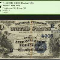 Ripon, Wisconsin. $20 1882 Date Back. Fr. 549. The German NB. Charter #4305. PCGS Very Fine 35.