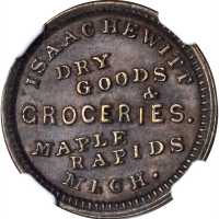 Michigan--Maple Rapids. 1863 Isaac Hewitt. Fuld-595A-1a. Rarity-8. Copper. 19 mm. AU-55 BN (NGC).