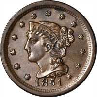1851 Braided Hair Cent. N-12, 11. Rarity-1. MS-60 Environmental Damage.