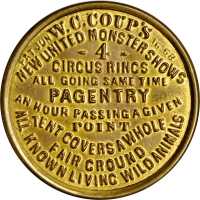 New York, New York. W.C. Coups New United Monster Shows. Bowers NY-4260. Gilt brass. 37.8 mm. Choice