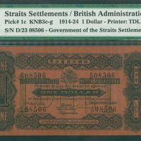 1916年海峡殖民地政府1元，编号D/23 08506, PMG55EPQ , 极罕见高评分