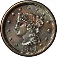 1851 Braided Hair Cent. N-18. Rarity-1. MS-60 Questionable Color.