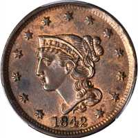 1842 Braided Hair Cent. N-7. Rarity-2. Large Date. MS-63 RB (PCGS).