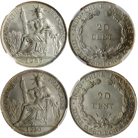 法属安南20分银币2枚一组，1930A及1937年，分别评PCGS MS66及NGC MS66