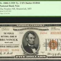 Brunswick, Maryland. $5 1929 Ty. 2. Fr. 1800-2. The Peoples NB. Charter #14044. PCGS Choice About Ne