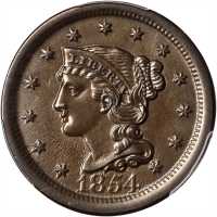 1854 Braided Hair Cent. N-17. Rarity-1. MS-63 BN (PCGS).