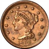Lot of (5) 1855 Braided Hair Cents.
