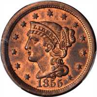 1855 Braided Hair Cent. N-1. Rarity-3. Upright 5s. MS-65+ RB (PCGS).
