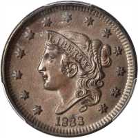 1838 Modified Matron Head Cent. N-1. Rarity-1. MS-62 BN (PCGS).