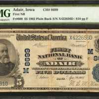 Adair, Iowa. $5 1902 Plain Back. Fr. 600. The First NB. Charter #8699. PMG Very Fine 25.