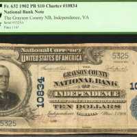 Independence, Virginia. $10 1902 Plain Back. Fr. 632. The Grayson County NB. Charter #10834. PCGS Fi