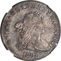 1798 Draped Bust Silver Dollar. Heraldic Eagle. BB-108, B-13. Rarity-3. Pointed 9, 10 Arrows. VF Det