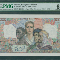 1945年法国银行5000法郎，编号R.1223148， PMG64NET, 针孔范围内有锈渍