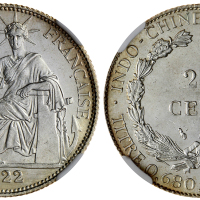 1922A法属安南20分银币，NGC MS65, 浅黄色美丽的包浆