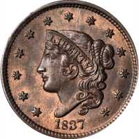 1837 Modified Matron Head Cent. N-9. Rarity-1. Head of 1838. MS-64 RB (PCGS). CAC.