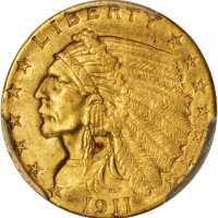 1911 Indian Quarter Eagle. MS-61 (PCGS).