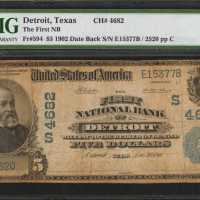 Detroit, Texas. $5 1902 Date Back. Fr. 594. The First NB. Charter #4682. PMG Fine 12 Net. Stains.