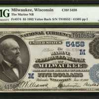 Milwaukee, Wisconsin. $5 1882 Value Back. Fr. 574. The Marine NB. Charter #5458. PMG Choice Uncircul