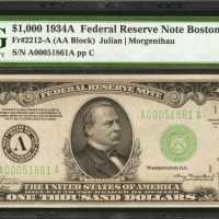 Fr. 2212-A. 1934A $1000 Federal Reserve Note. Boston. PMG Choice Uncirculated 64 EPQ.