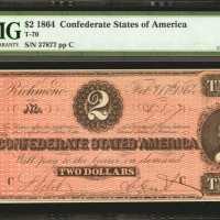 T-70. Confederate Currency. 1864 $2. PMG Choice Uncirculated 63 EPQ.