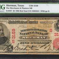 Sherman, Texas. $5 1902 Red Seal Plain Back. Fr. 587. The Merchants & Planters NB. Charter #3159. PM