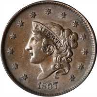 1837 Modified Matron Head Cent. N-13. Rarity-2. Plain Cord, Medium Letters. EF-45.