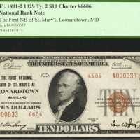 Leonardtown, Maryland. $10 1929 Ty.2. Fr. 1801-2. The First NB. Charter #6606. PCGS Choice About New