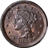 1853 Braided Hair Cent. N-25. Rarity-1. MS-66 BN (PCGS).