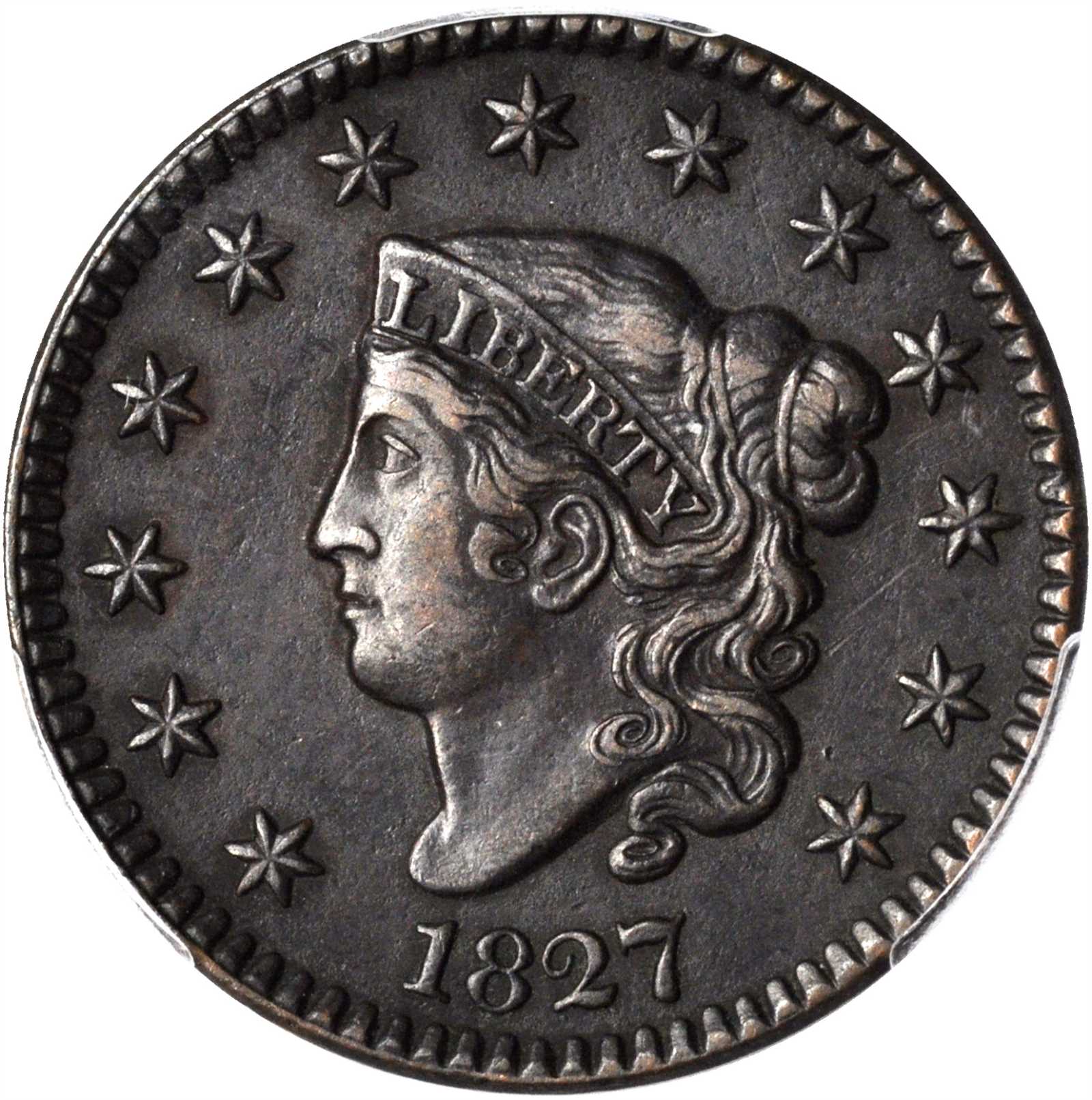 1827 Matron Head Cent. N-5. Rarity-2. AU-50 (PCGS).