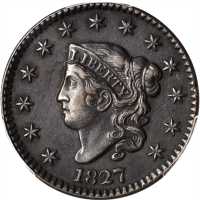 1827 Matron Head Cent. N-5. Rarity-2. AU-50 (PCGS).